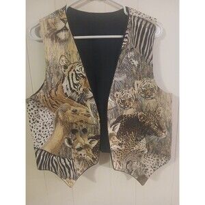 New Humor Black Safari Africa Leopard Tiger Zebra Womens Open Front Vest Size M